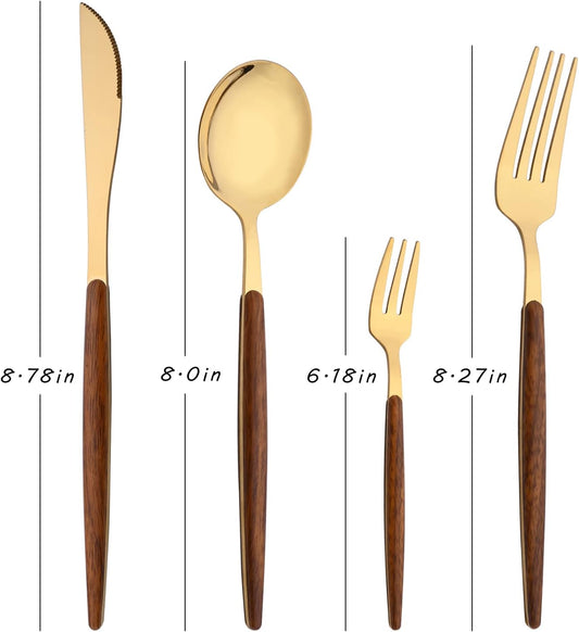 16-Piece Silverware Set with Cake Fork, Gold Stainless Steel Flatware Cutlery Set, Eating Utensils Set with Wooden effect Handle, Include Knife Fork Spoon, Mirror Polished, Dishwasher Safe