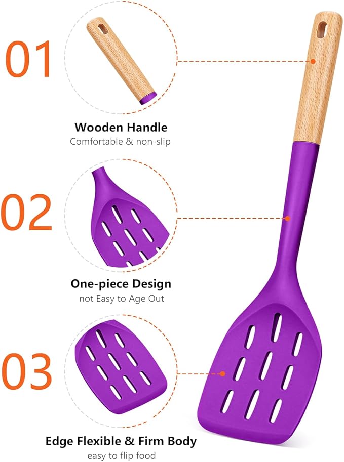 Pack of 2 Silicone Spatula, Non Stick Cooking Utensil Set, Wooden Handle Kitchen Turner for Baking Mixing Grilling Serving Food Heat Resistant (BERRY)