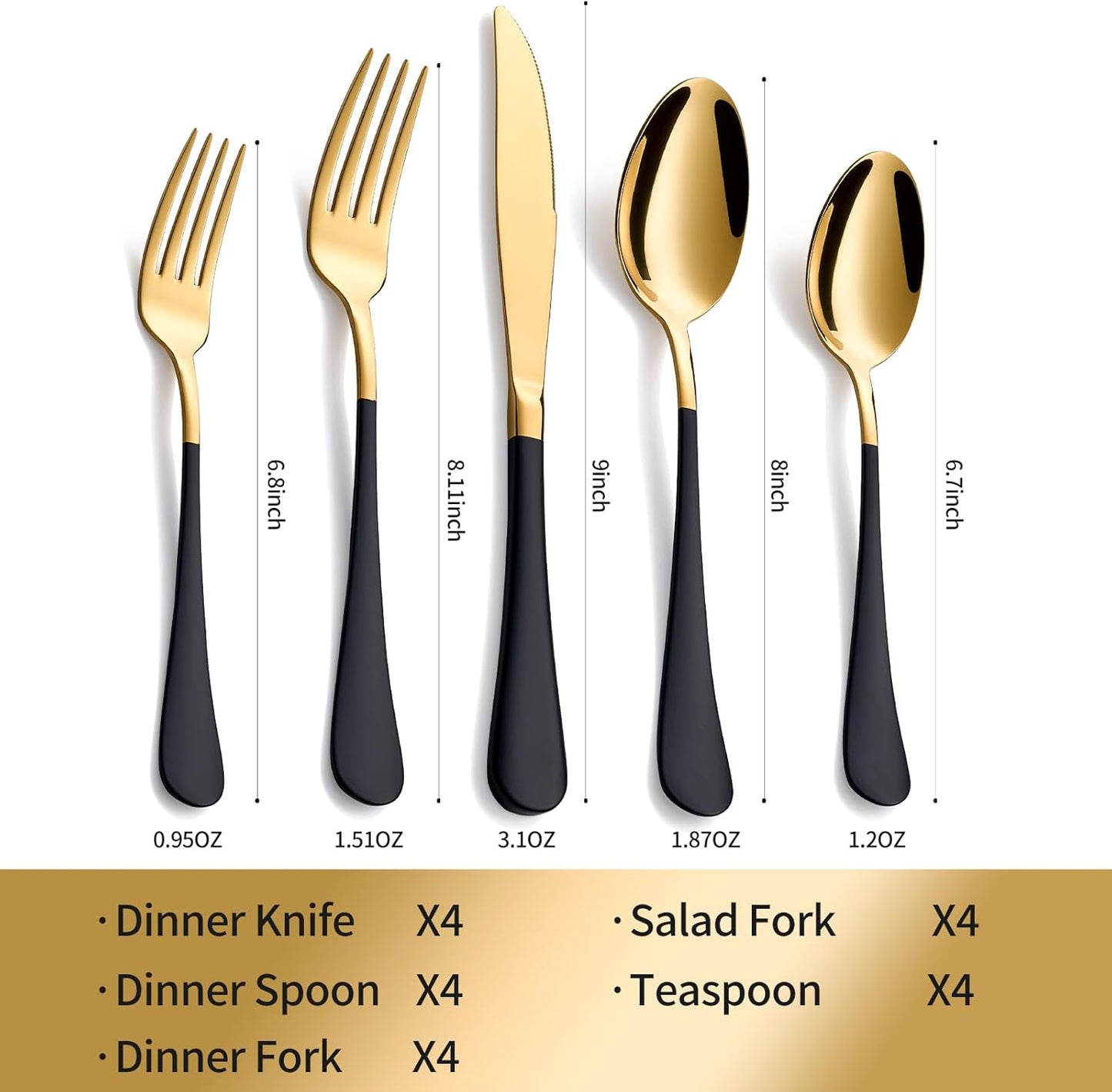 20-Piece Black & Gold Silverware Set, 18/0 Stainless Steel Colorful Handle Flatware Set, Service for 4, Modern Cutlery Set Includes Dinner Knives Forks Spoons, Mirror Polished, Dishwasher Safe