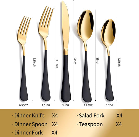 20-Piece Black & Gold Silverware Set, 18/0 Stainless Steel Colorful Handle Flatware Set, Service for 4, Modern Cutlery Set Includes Dinner Knives Forks Spoons, Mirror Polished, Dishwasher Safe