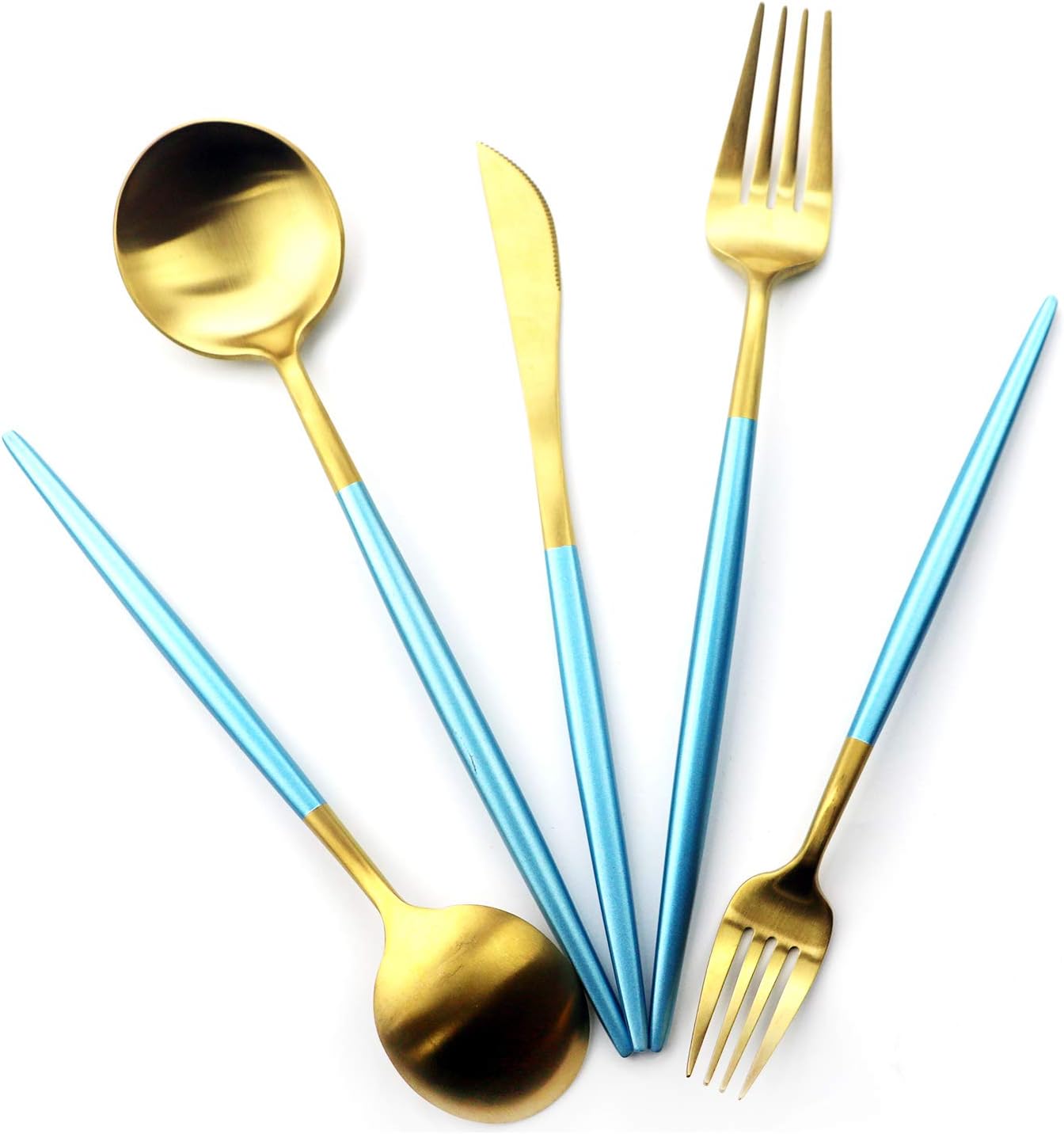 Gugrida 20 Pieces Matte Gold Blue Handle 18/10 Stainless Steel Silverware Set, Flatware Set Titanium Black Cutlery Set, Utensils Set for Home Restaurant Service Set for 4, Dishwasher Safe (Blue Gold)