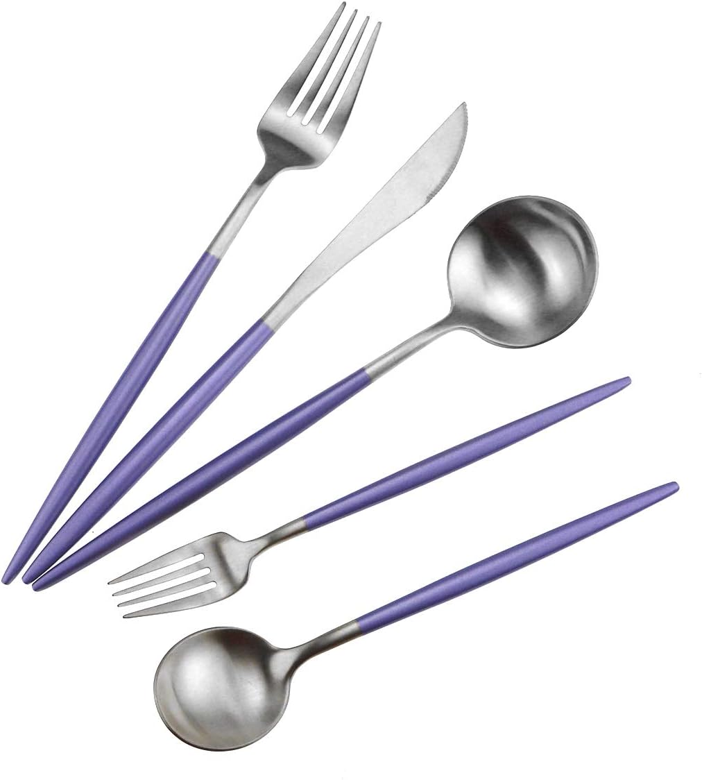 Gugrida Luxury Flatware, Royal 5 Piece Matte Purple Handle 18/10 Stainless Steel Tableware Sets for 1 Including Forks Spoons Knives, Camping Silverware Travel Utensils Set Cutlery (Purple Silver)