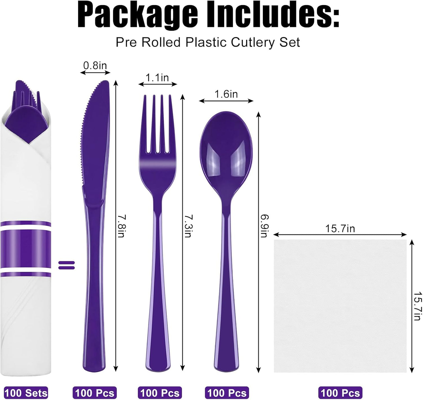 100 Pack Pre Rolled Purple Plastic Silverware with Napkins - Disposable Cutlery Set with Forks, Knives, Spoons & Linen-Like Dinner Napkins, Wrapped Plastic Utensils for Weddings, Parties & Events