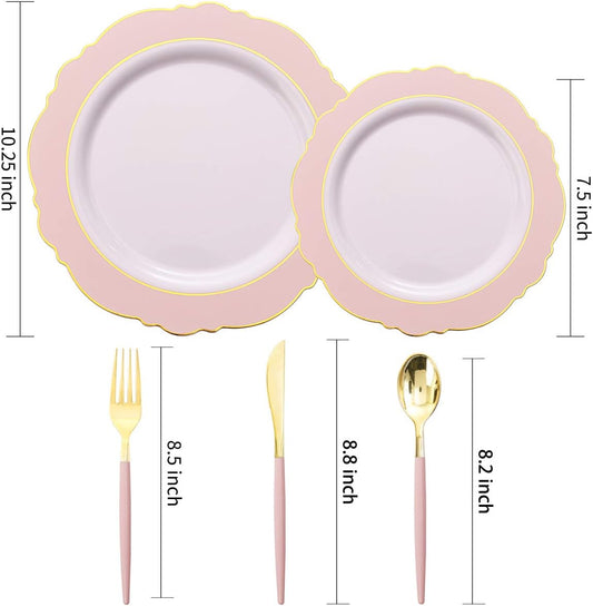 WDF 30Guest Pink Plates Disposable - Hign-end Baroque Design - Gold Plastic Silverware with Handle-Baroque Pink &Gold Plastic Dinnerware for Wedding/Baby Shower