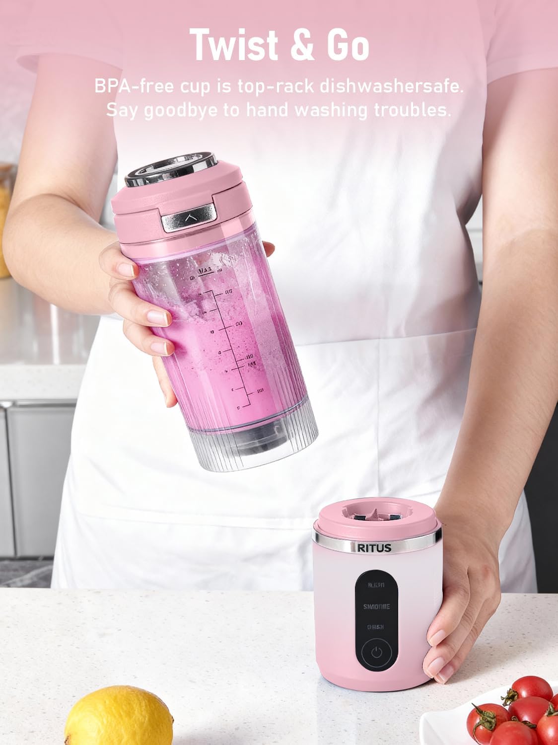 RITUS VORTEX Pro Portable Blender,Personal Blender w/Removable Vessel-for-Smoothies Blend Ice Crush 3 Programs,Cordless 20oz BPA Free Vessel Magnetic-Ring Dishwasher Safe, Leakproof，Pink
