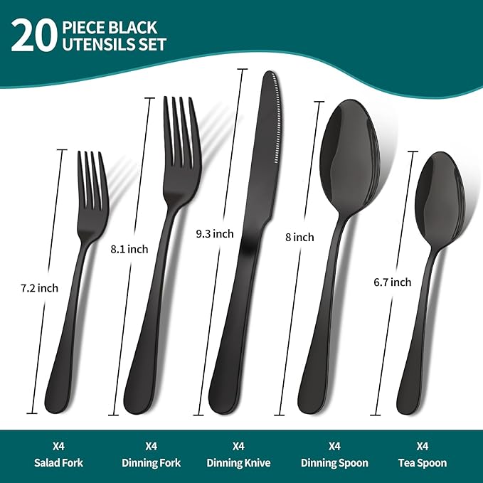 20 Pieces Black Silverware Set, ENLOY Flatware Cutlery Set Stainless Steel Utensils Service for 4, Heavy Duty Gift and Dishwasher Safe, Mirror Polished Dinner Knife, Fork, Spoon for Restaurant
