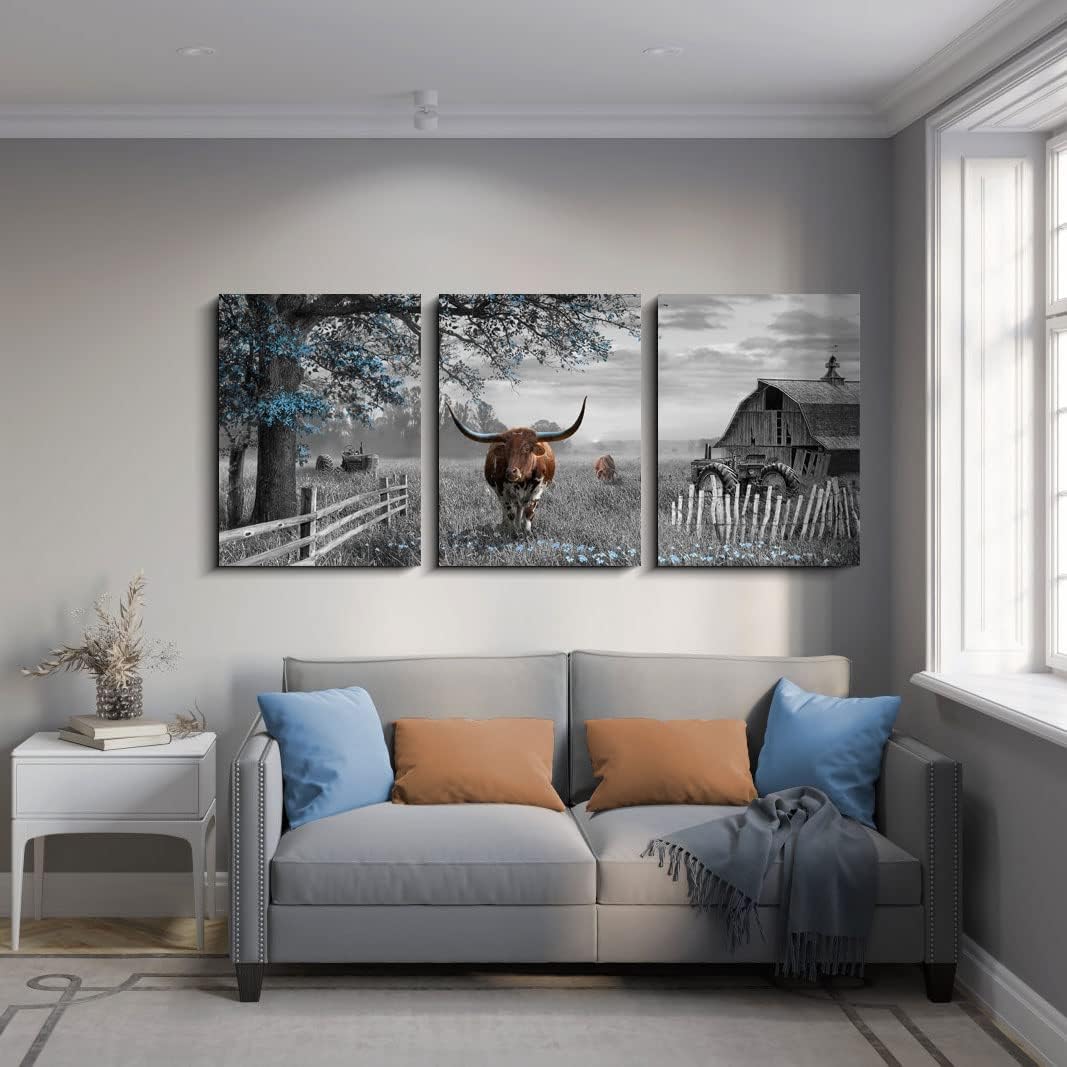 Yiijeah Large Brown Cow Wall Art - Blue Tree Pictures Farmhouse Wall Decor for Living Room & Master Bedroom - 16x24 Inches