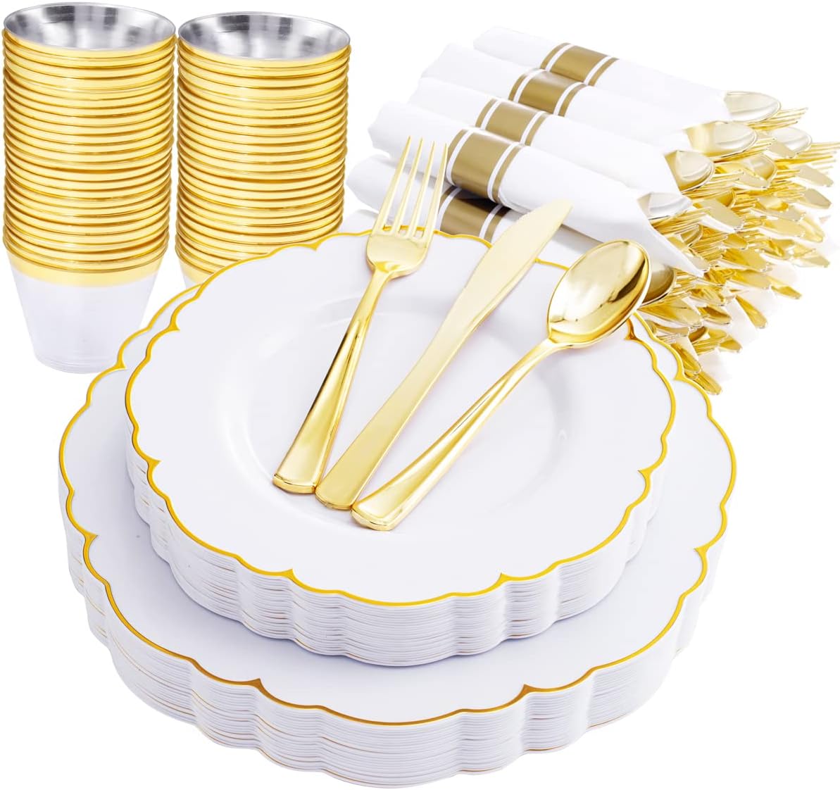 Morejoy 175PCS Gold Plastic Plates，White Gold Disposable Plates with Pre Rolled Napkins:25 Dinner Plates,25 Dessert Plates,25 Spoons,25 Forks,25Knives,25Cups,25Napkins for Party & Father's Day
