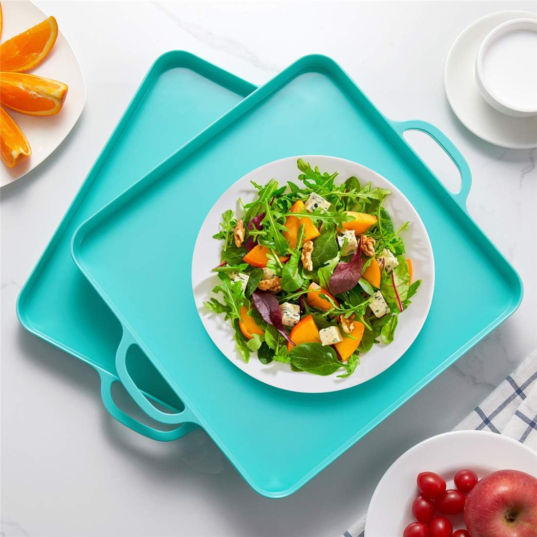 Square Serving Trays with Handles Melamine Turquoise 12.5x12.5 Inch Spill Proof Kitchen Eating Trays Set of 2 for Cafeteria Cafe Food Appeizer Dessert Snack Dinner Lunch Breakfast,TR13-02