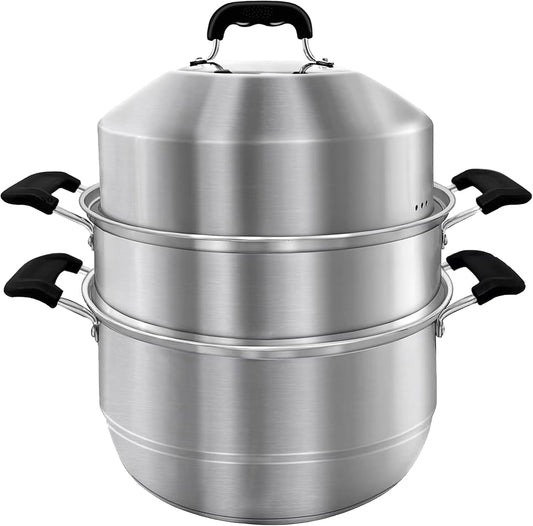 MANO Steamer Pot for Cooking 14.2 inch Steam Pots with Lid 2-tier Stainless Steel Steaming Pot Multipurpose Cookware with Handle for Vegetable, Dumpling, Stock, Sauce, Food…