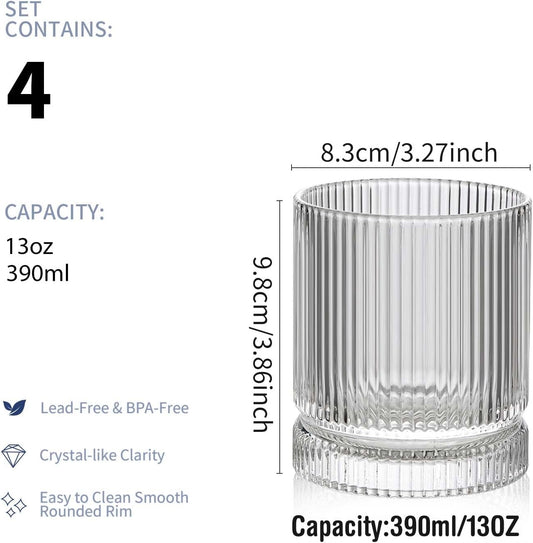 Ribbed Glass Cups Set, 390ml Vintage Drinking Glassware Set of 4, Cocktail Glasses, Low Ball Ribbed Glassware, Mixed Glassware Set, Premium Whiskey Glasses, Ideal for House of Glass