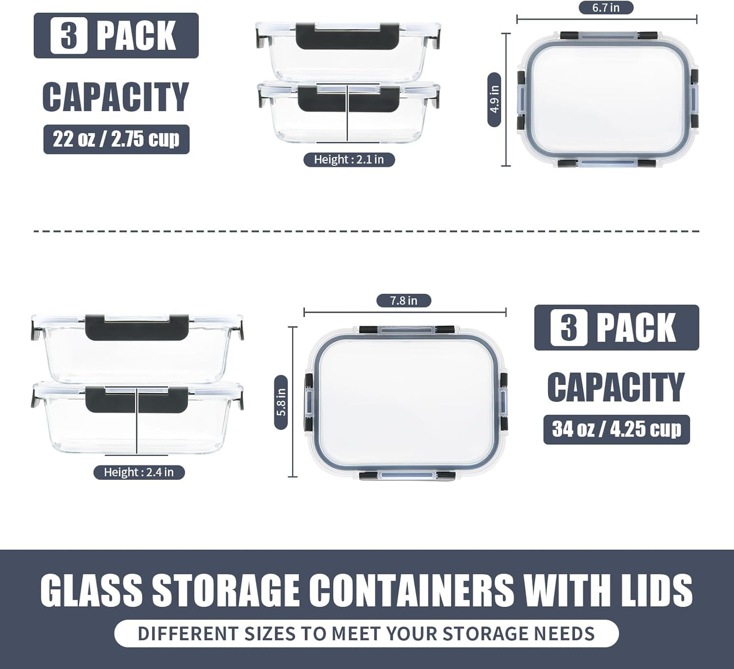 6 Pack Glass Meal Prep Containers, Food Storage Containers, Airtight Bento Boxes with Leak Proof Lids, Freezer to Microwave Safe