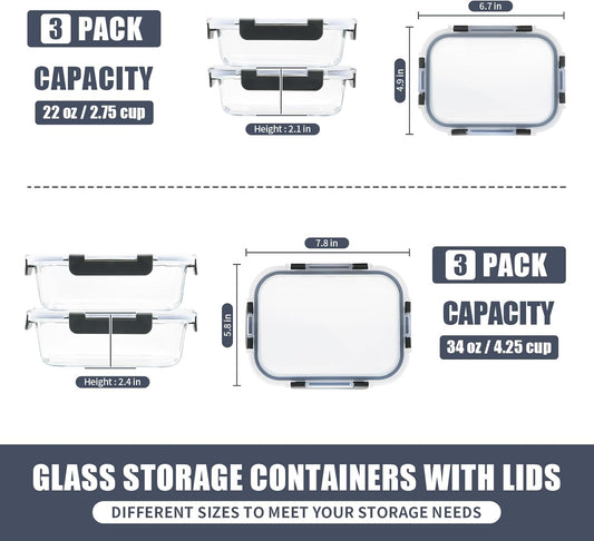 6 Pack Glass Meal Prep Containers, Food Storage Containers, Airtight Bento Boxes with Leak Proof Lids, Freezer to Microwave Safe