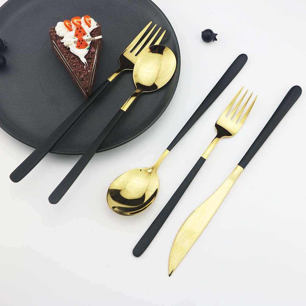 JASHII 20-Piece SUS304 Stainless Steel Flatware Set, Mirror Polished Black Gold Silverware Set Dinner Knife Fork Spoon Dessert Fork Salad Spoon Service for 4.(Black gold)