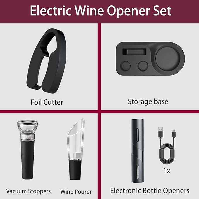 Rechargeable Electric Wine Bottle Opener, 5-in-1 Automatic Wine Opener Set, Electric Wine Opener with Foil Cutter, Wine Pour, Wine Stopper and Storage Base