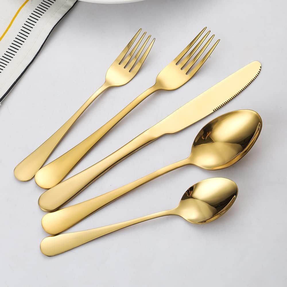 Gold Silverware Set 12 Stainless Steel Flatware Set 60 Piece Spoon Fork Knives Round Wide Handle Proper Weight Dishwasher Safe Gatherings Festival Parties…
