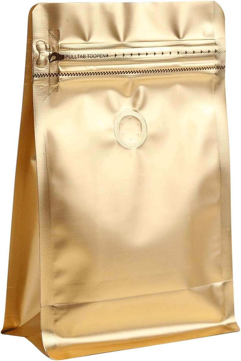 150 Pack High Barrier Stand-Up Coffee Bean Bags with Vented Valve, Matte Metallic Ziplock, Heat-Sealable and Resealable Solid Color Pouches for Food Storage, Home and Store