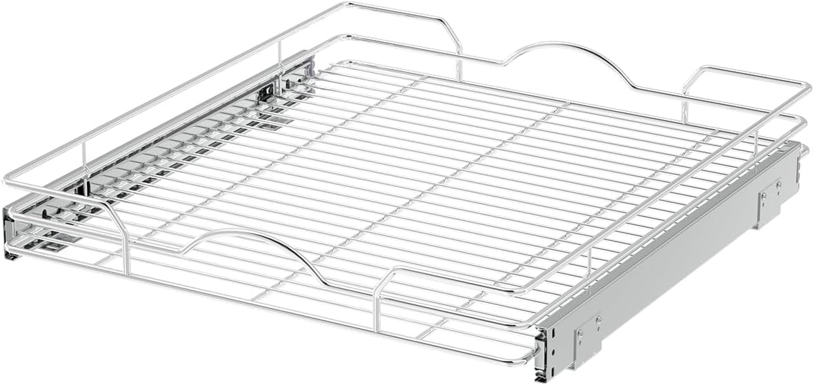 OCG Pull Out Cabinet Organizer 2 Pack (18" W x 21" D), Pull out Shelves 1 Tier, Cabinet Slide Out Shelves for Base Cabinet Organization in Kitchen Bathroom Pantry, Bottom Mount, Chrome Finish