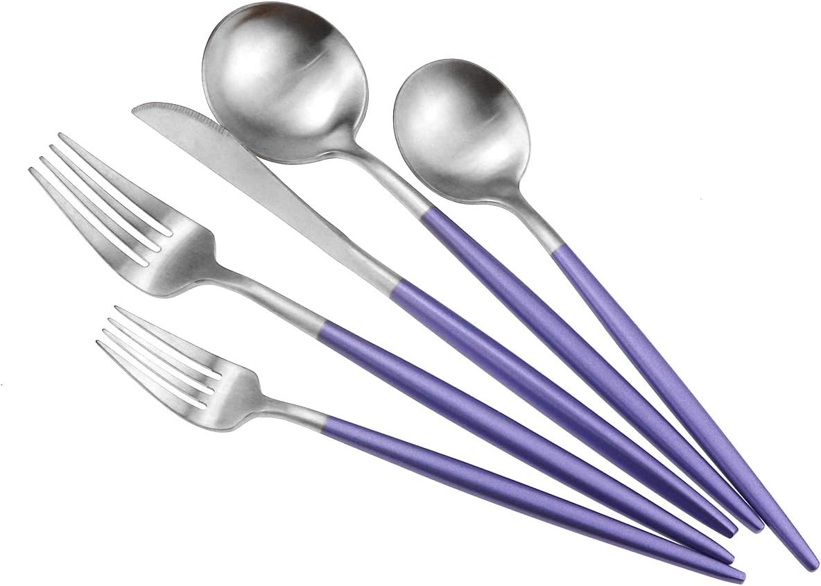 Gugrida Luxury Flatware, Royal 5 Piece Matte Purple Handle 18/10 Stainless Steel Tableware Sets for 1 Including Forks Spoons Knives, Camping Silverware Travel Utensils Set Cutlery (Purple Silver)