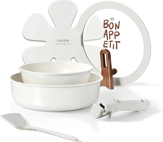 CAROTE Ceramic Pots and Pans Set Non Stick, Nonstick Kitchen Cookware Sets with Lid, Detachable Handle Sauté Pan Set, Non Toxic Frying Pan, Oven Safe, Induction Ready, Cream White