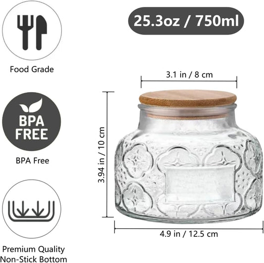 Vintage Glass Decorative Jar, 25.4 FL OZ Glass Food Storage Containers, Sugar Bowl, Kitchen Airtight Glass Jar for Candy Snack Cookies Coffee Tea Nuts (begonia), transparent