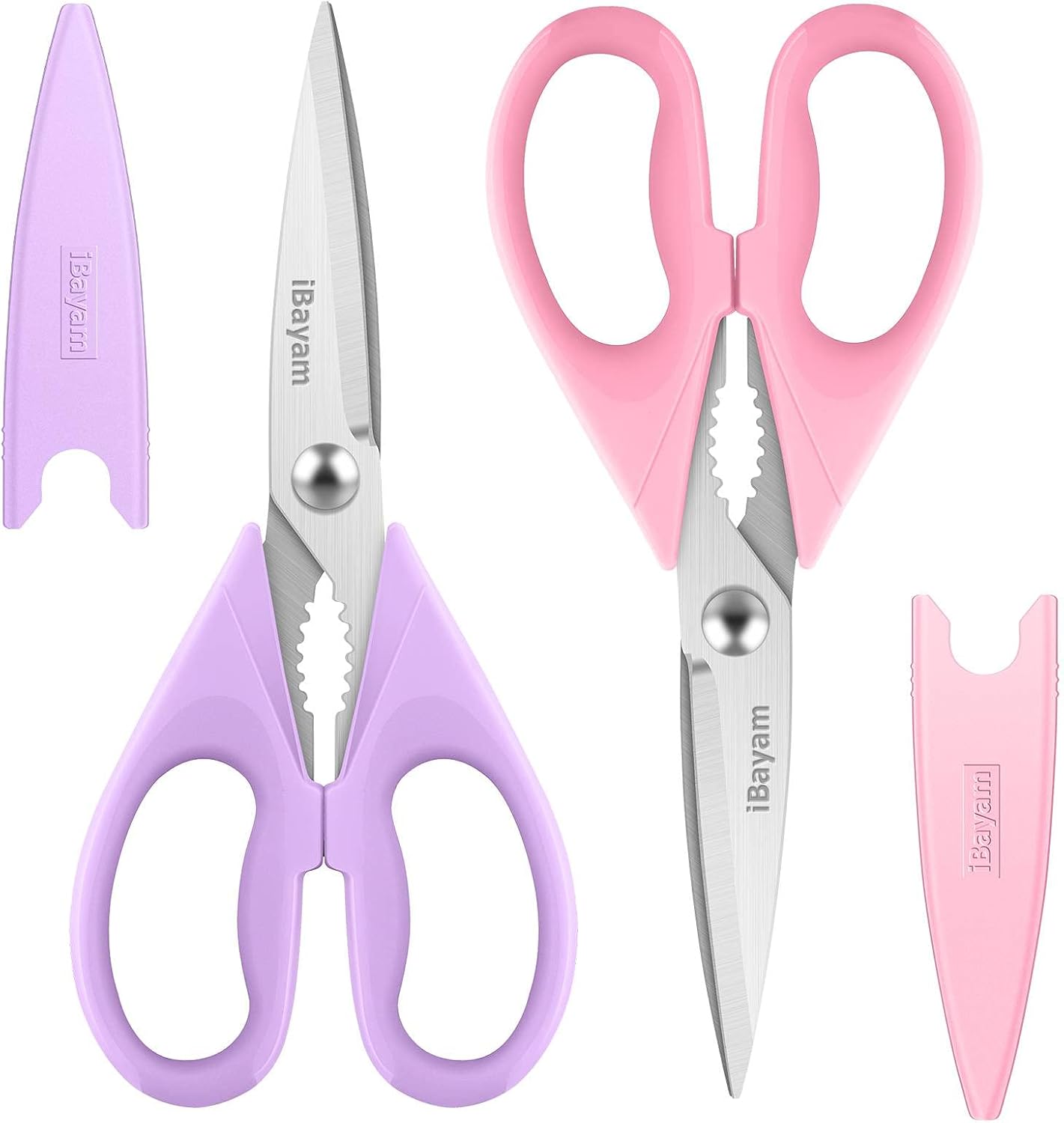 iBayam Kitchen Scissors, Purple Kitchen Utensils Accessories, All Purpose Heavy Duty Meat Scissors, Poultry Shears, Dishwasher Safe, Stainless Steel, 2-Pack, Pastel Pink, Soft Purple