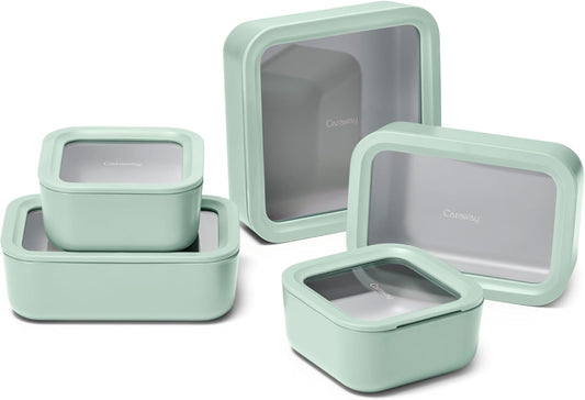 Caraway 13pc Glass Food Storage Container Set - Easy to Store, Non Toxic Lunch Box - with Glass Lids - Includes Storage Organizer - Mist