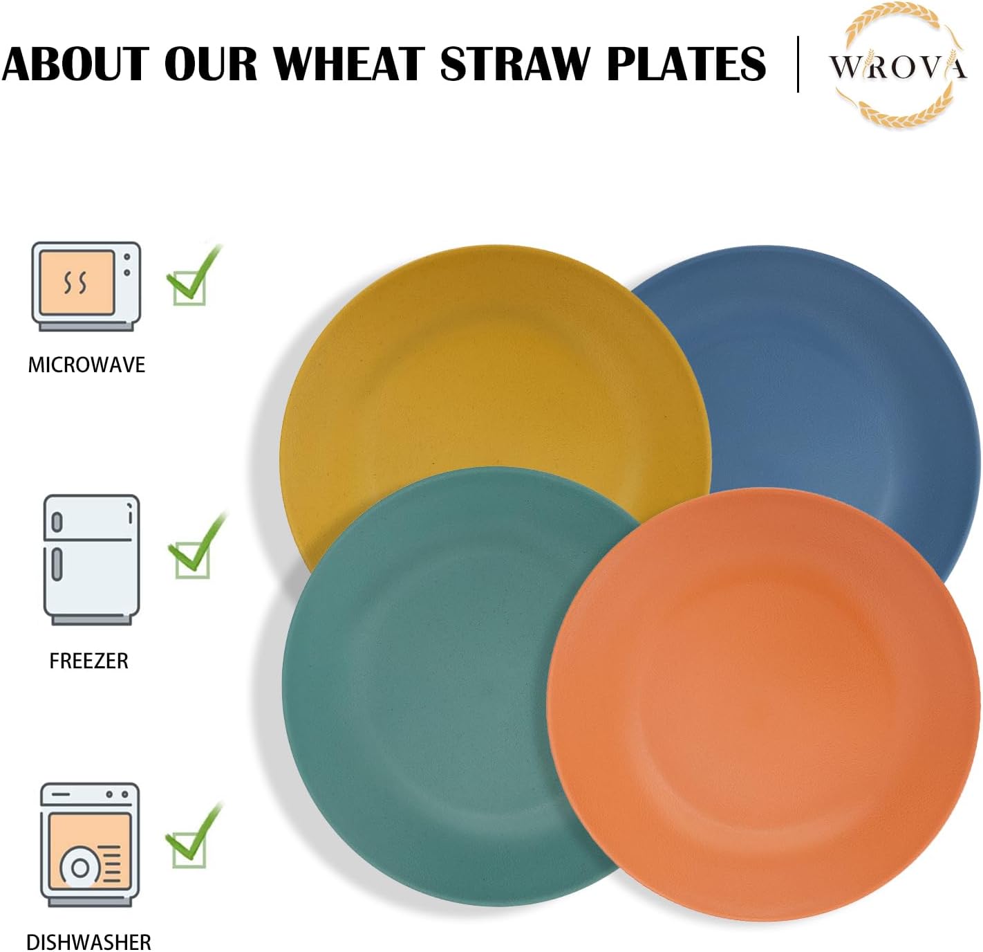 Wrova Wheat Straw Dinner Plates 9 Inch Unbreakable Set of 8 - Dishwasher & Microwave Safe Plastic Plates Reusable - Lightweight Plates for Kitchen,Camping,Apartment,Dorm,RV,Party - Colorful