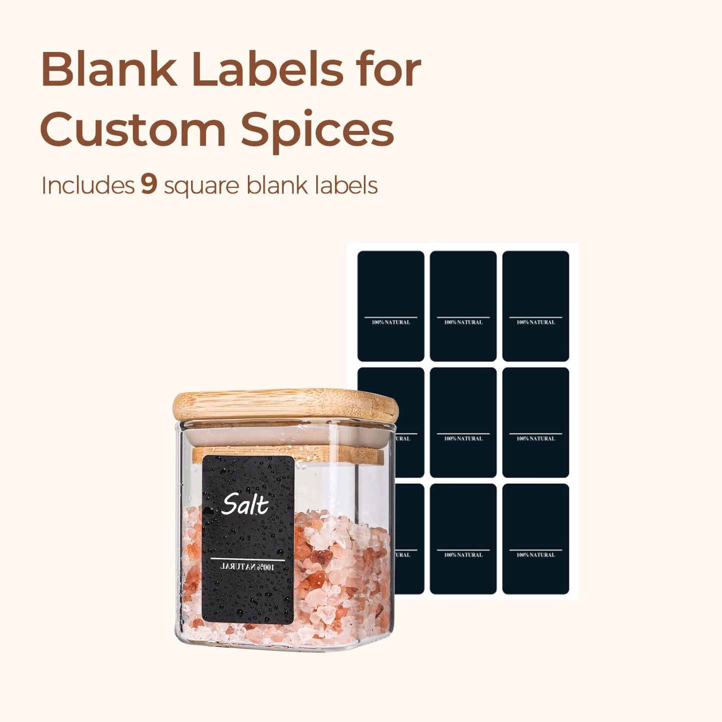 ComSaf Spice Jars with Labels 4 oz 6Pack, Small Spice Containers Starter Set, Glass Seasoning Jars with Lids, Square Seasoning Containers for Salt, Pepper, Chili Powder, Sugar, Ginger Ground, Cumin