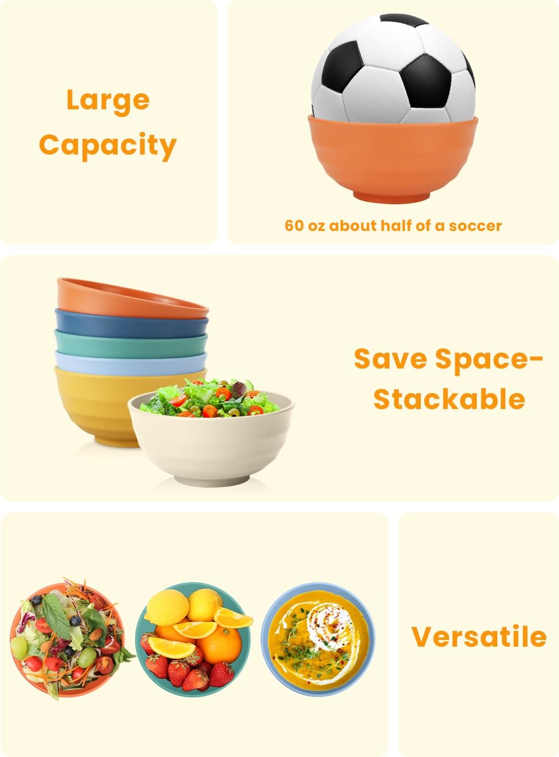 Homienly Wheat Straw Large Bowls, 60 OZ Large Capacity Salad Bowl,Unbreakable Bowl Set of 6, Serving Bowls for Kitchen, Picnic, Party, Microwave and Dishwasher Safe Camping Bowl Set-Multi