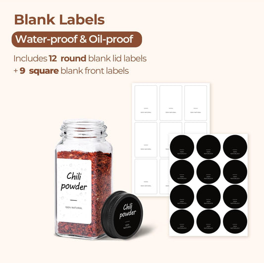 ComSaf 6Pcs 4oz Glass Spice Jars with Shaker Lids, 21 Labels, Spice Jars Trial Set & Supplement Set, Empty Spice Containers and Square Spice Bottles for Kitchen and Seasoning