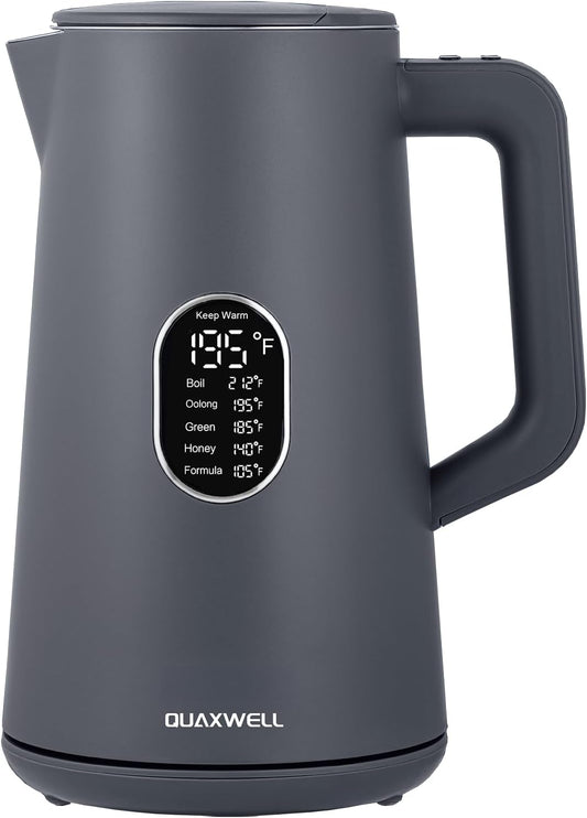 1.5L Electric Kettle Stainless Steel, Double Wall Cool Touch Teapot, Fast Boil,5 Temperature Control, LED Display, Auto Shut-Off, BPA-Free,Keep Warm Function, Ideal for Tea & Coffee,Gray