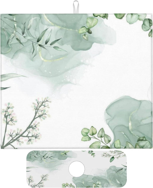 Watercolor Green Leaf Floral Dish Drying Mat for Kitchen Counter, 16"x18" Microfiber Absorbent Fast Dry Mat, 2Pcs Dish Mat Faucet Mats Sets, Large Drying Kitchen Mat Kitchen Drying Pad