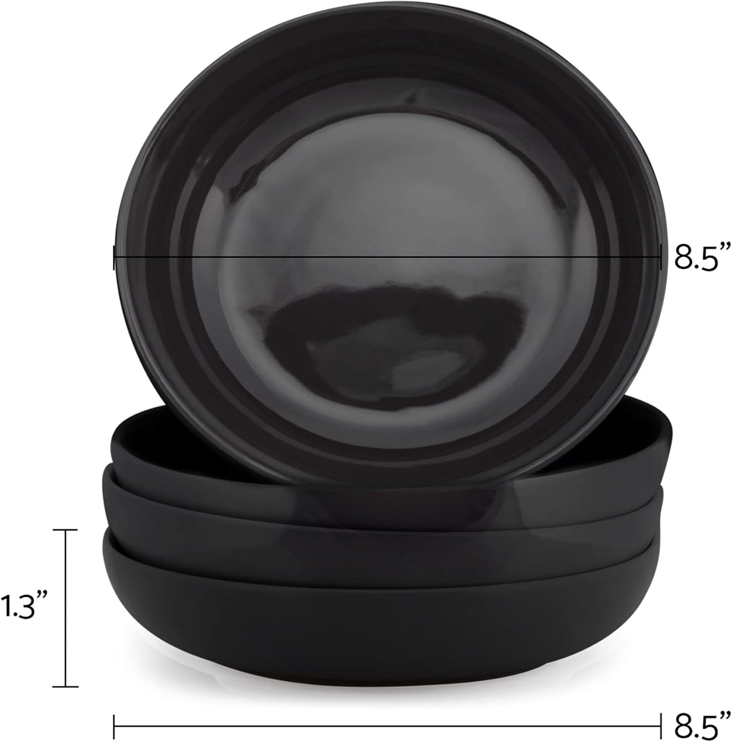 Elanze Designs Bistro Glossy Ceramic 8.5 inch Shallow Pasta Dinner Bowls Set of 4 - Perfect for Everyday uses from Italian Style Pasta to Caesar Salad, and Ramen to Pho, Black