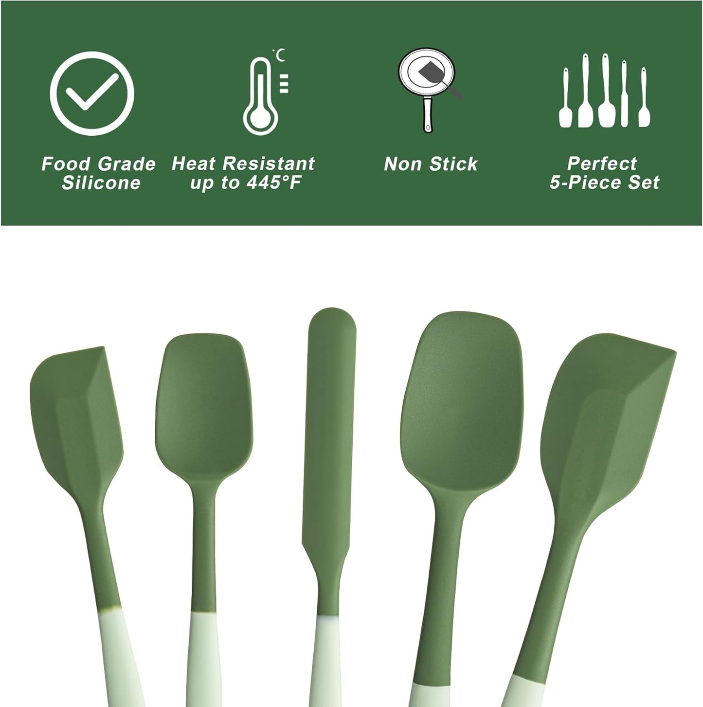 Silicone Spatula Set, 5 Piece Food Grade Rubber Spatulas for Baking, Cooking, and Mixing High Heat Resistant Non Stick Dishwasher Safe BPA-Free (Two colors - Green)