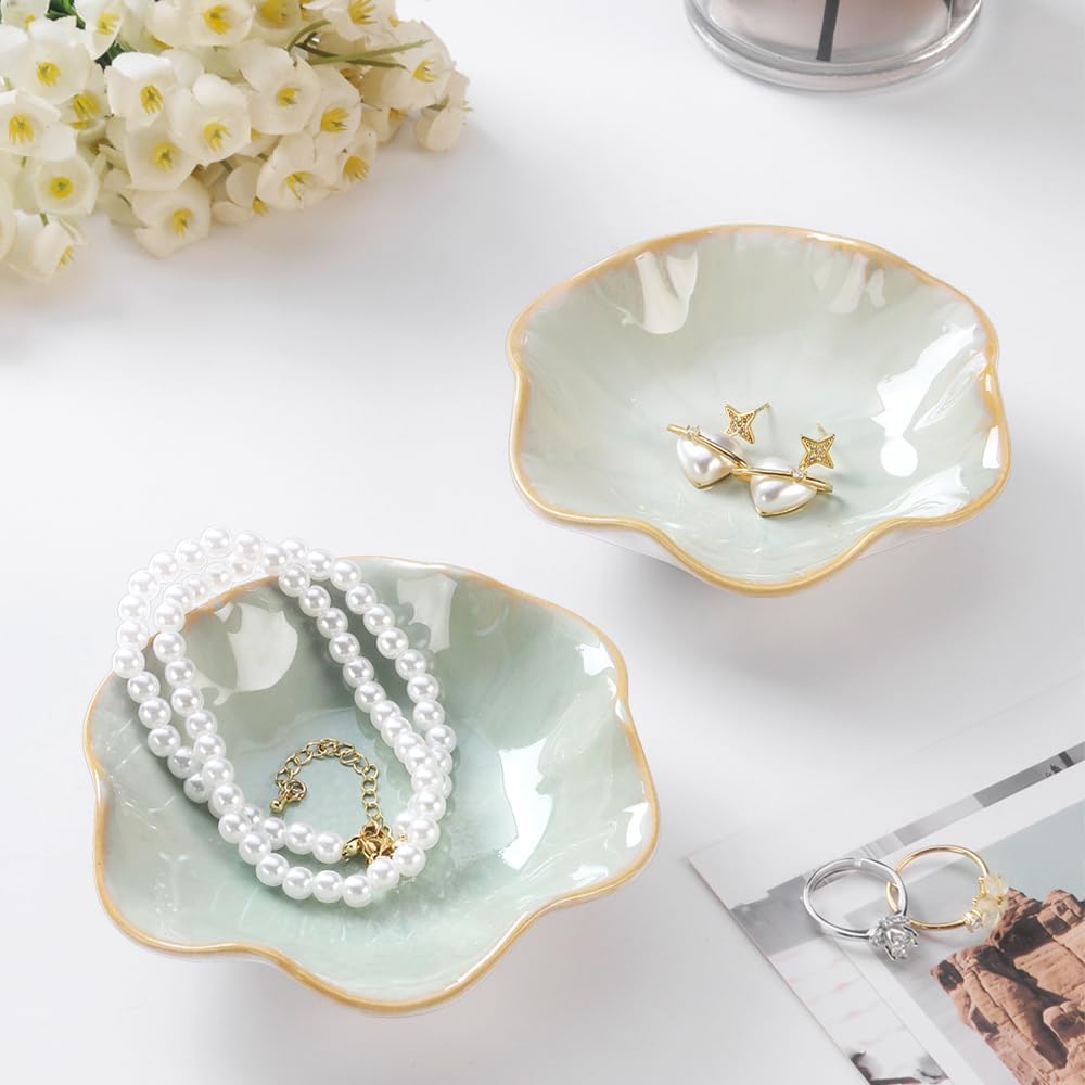 2PCS Lotus Leaf Shape Ring Holder Dish, Small Key Bowl, Ceramic Trinket Tray Jewelry Dish Organizing Necklace Earrings for Mom Friend Sister, All Jewelries Are NOT Included, Light Green.…