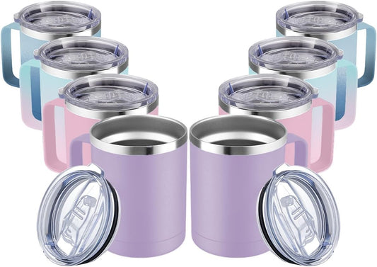 MEWAY 12oz Coffee Mug With Handle 2 Pack Bulk,Stainless Steel Insulated Travel Tumblers With Sliding Lid,Double Wall Vacuum Camping Cup for Hot & Cold Drinks Tea (Bubble Gum&Blue Waves,Set of 8)