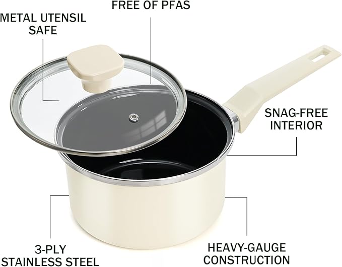ZOOFOX Ceramic Sauce Pan with Lid, 1.5 Quarts Nonstick Small Cooking Pot with Stay-Cool Handle, Kitchen Non Toxic Soup Pot for Multipurpose Use, PTFE, PFOA and PFAS Free, Compatible All Stovetops