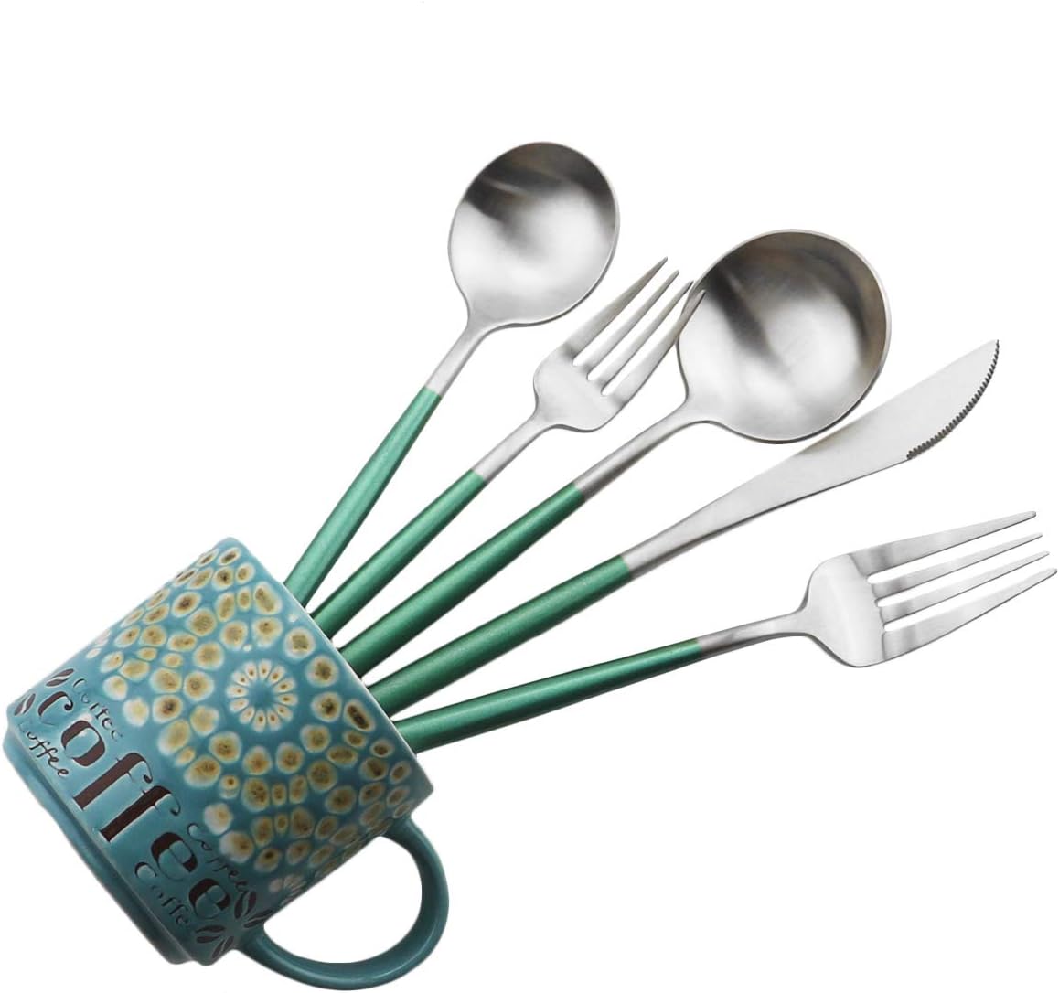 Gugrida Luxury Flatware, Royal 5 Piece Matte White Handle 18/10 Stainless Steel Tableware Sets for 1 Including Forks Spoons Knives, Camping Silverware Travel Utensils Set Cutlery (Green Silver)