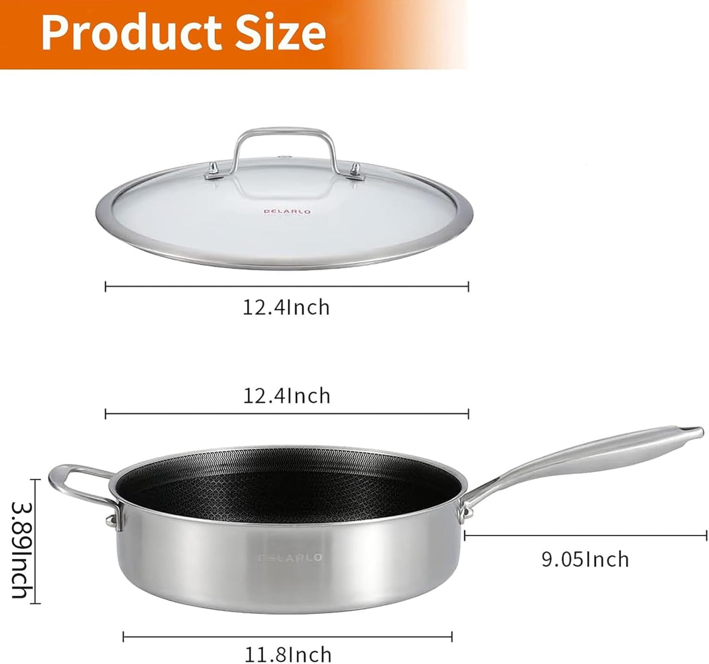 DELARLO Tri-Ply Stainless Steel 12 Inch Deep Frying Pan with lid,7QT Saute Pan Nonstick,Compatible with All Cooktops,Oven Up to 660℉,Chicken Fryer,Dishwasher-Friendly