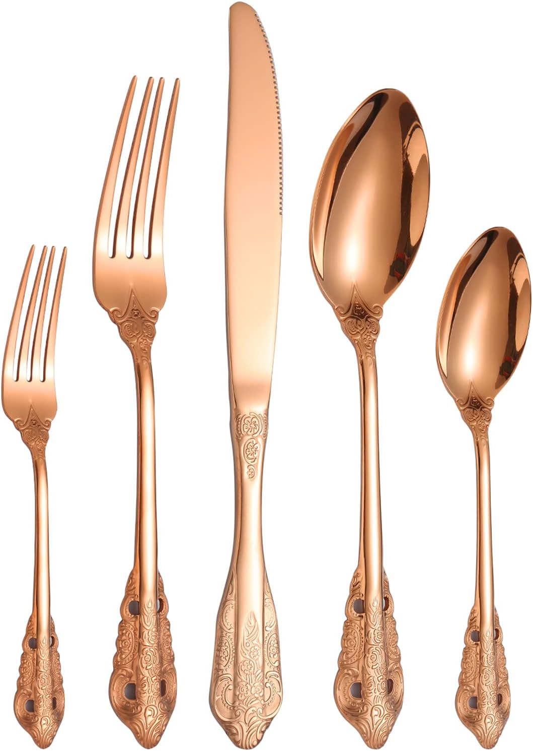 Royal Silverware Set for 8 Copper/Rose Gold Stainless Steel Flatware Retro Cutlery Vintage Eating Utensils Carved Design for Home Kitchen Restaurant Parties