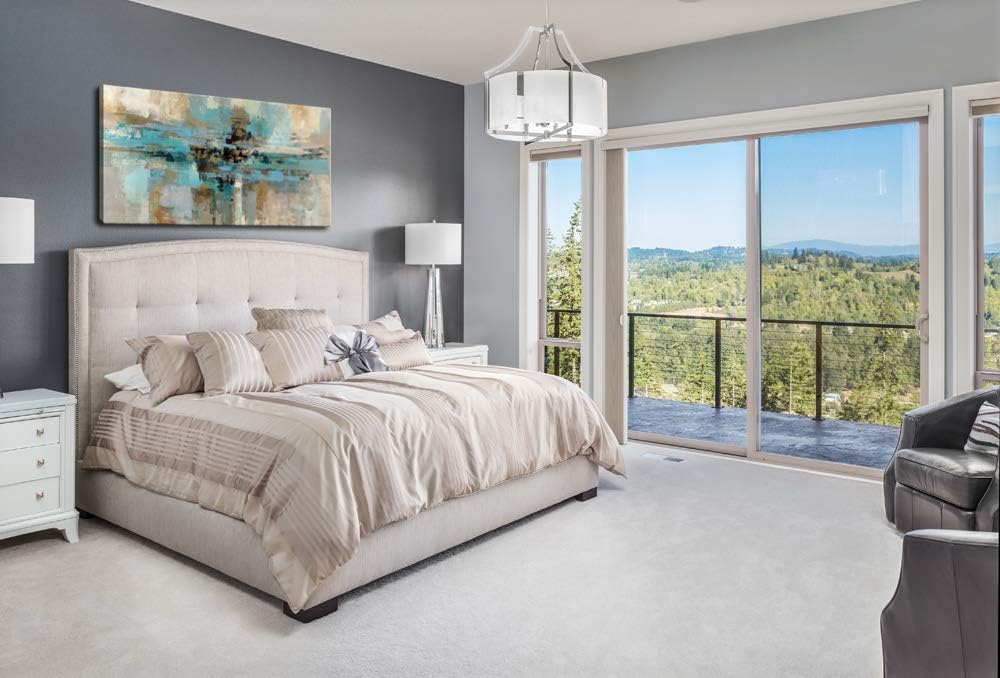 DZL Art A74750 Canvas Prints Abstract Wall Art Print Paintings Blue and Brown Stretched Canvas Wooden Framed for living Room Bedroom and Office Home Decor Artwork