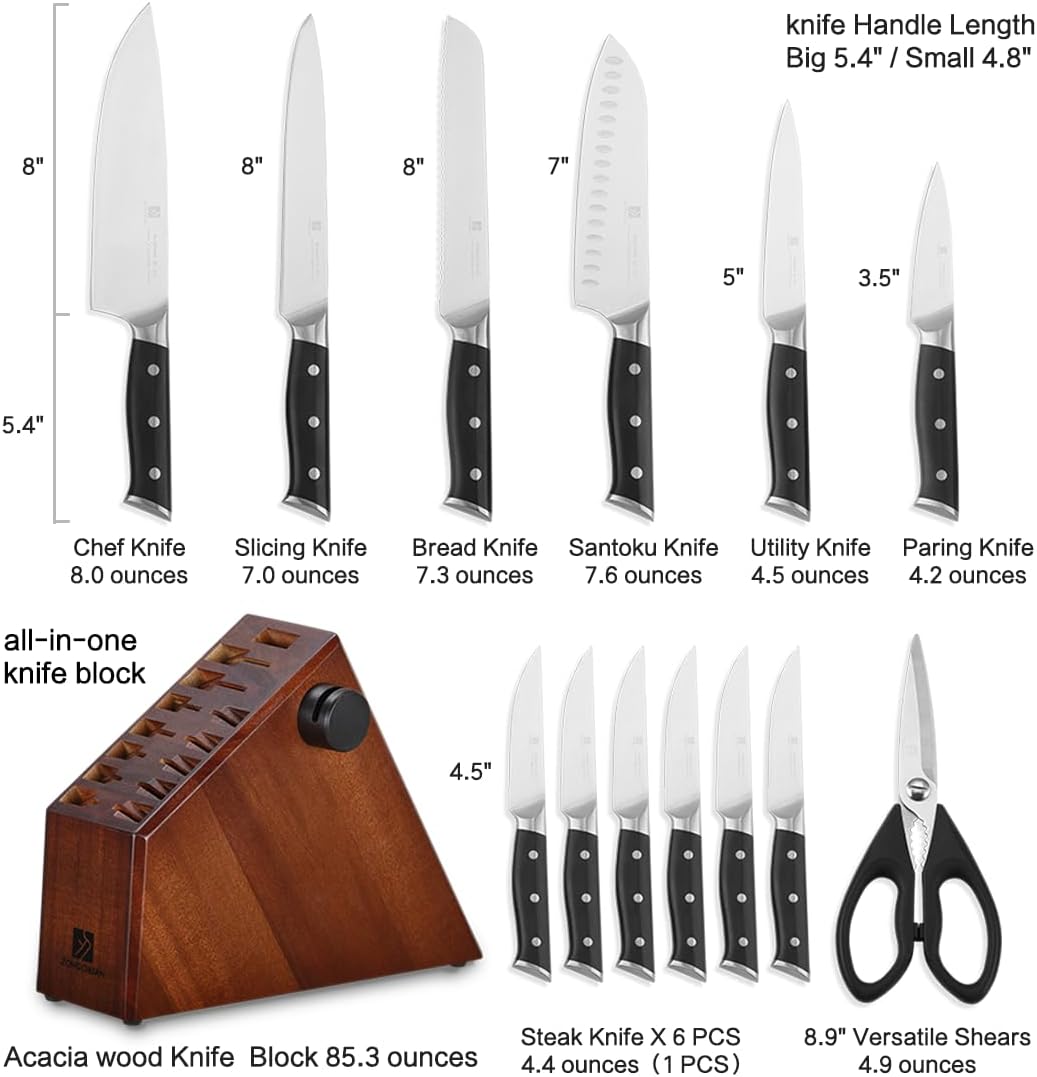 Knife Set,15-Piece Kitchen Knife Set with Block and Sharpener,50Cr15Mov High Carbon Stainless Steel,Razor Sharp Professional Knives,Ultra-Smooth knife,Ergonomic Black Anti-slip Handles,Dishwasher Safe
