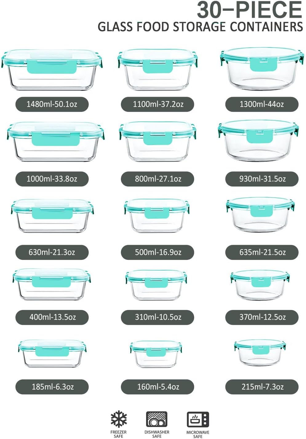 30 Pieces Glass Food Storage Containers with Upgraded Snap Locking Lids,Glass Meal Prep Containers Set - Airtight Lunch Containers, Microwave, Oven, Freezer and Dishwasher Friendly (Green)