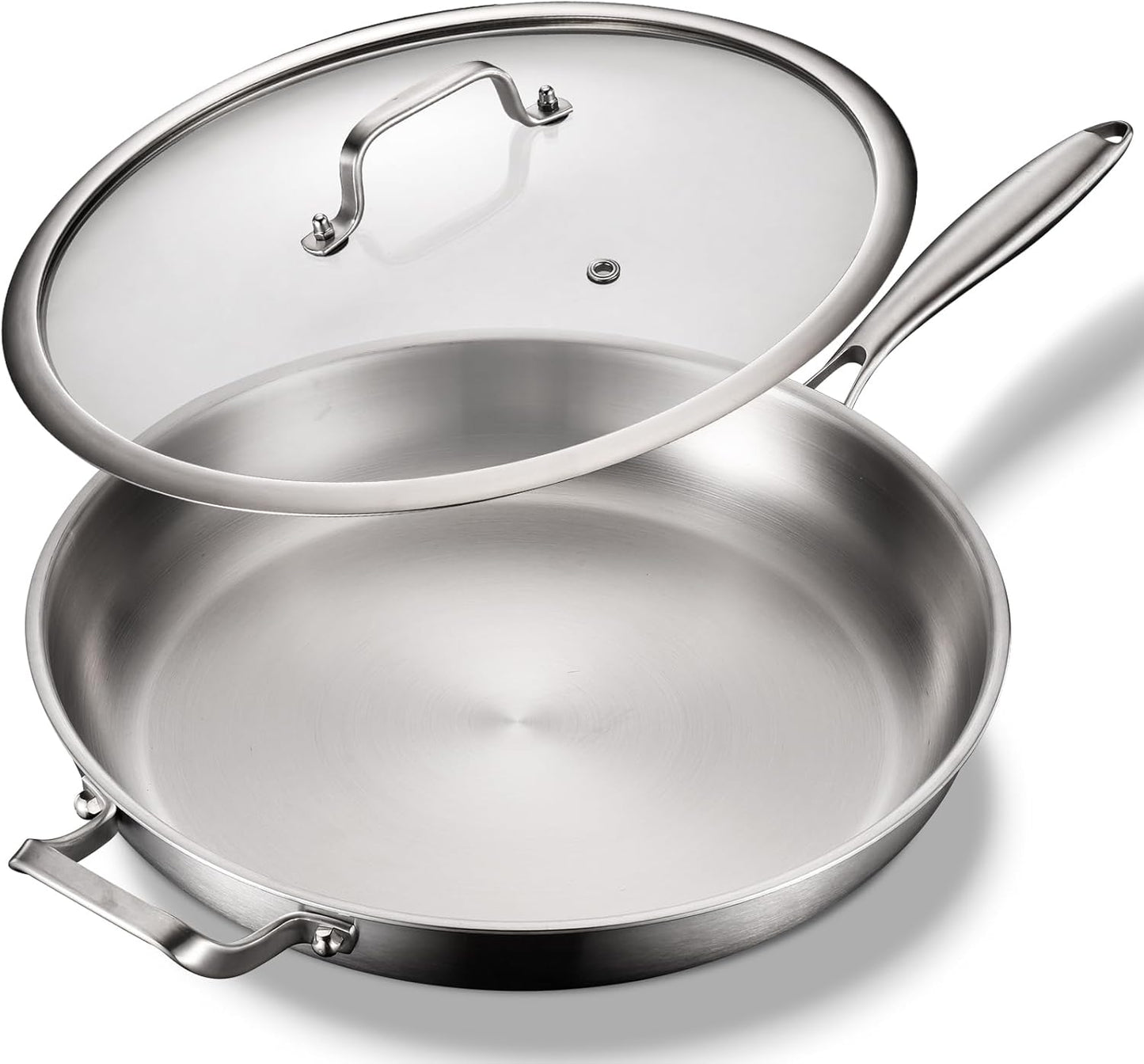 DELARLO Stainless Steel Pan, 14.2 Inch Frying Pan, Tri-Ply Skillet with Lid, Oven Safe Up to 600℉, Stainless Steel Cookware, Fast Even Heat, Large Cooking Surface,Non Toxic Large Skillet