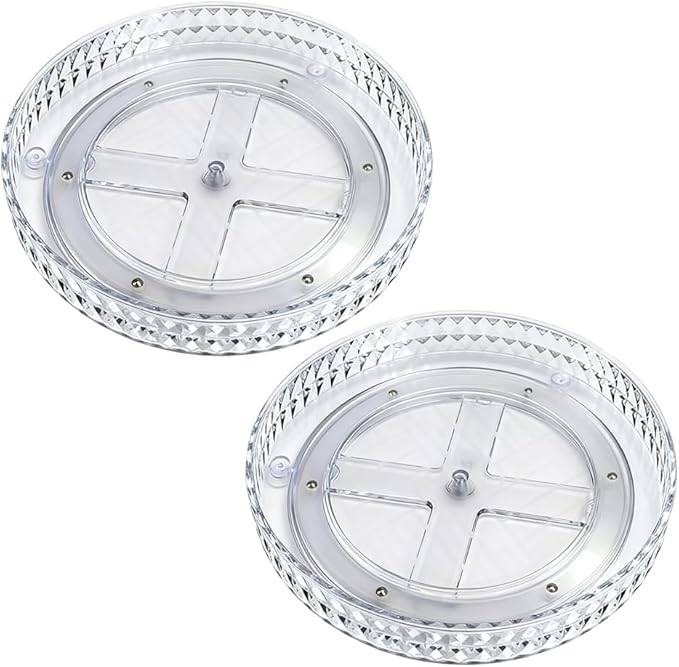 2-Tier Diamond Pattern Lazy Susan Turntable, Green, Clear, Compact Storage Organizer for Kitchen, Bathroom, Sace Saver (Diamond Clear, 9.25inch 2 Pack)