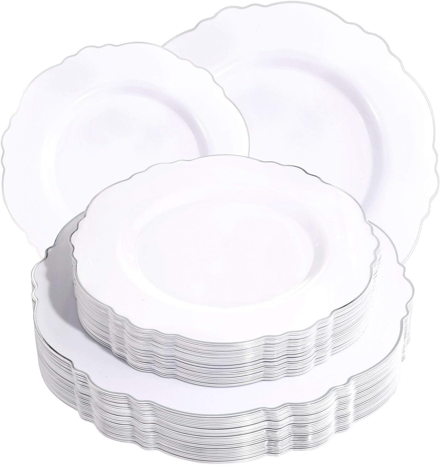 WDF 60pcs Silver Plastic Plates-Baroque White &Silver Plates for Upscale Parties &Wedding-including 30Plastic Dinner Plate 10.25inch, 30 Salad Plate 7.5inch for Christmas