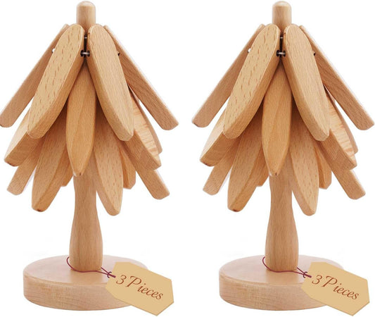 Wooden Trivets Tree for Hot Dishes, 2 Sets Natural Wood Coaster for Hot Pots and Pans, Christmas Tree-Shaped Stackling Trivets with Organizer, 8 Inch Decorative Wooden Hot Pads, 6PCS Light Wood