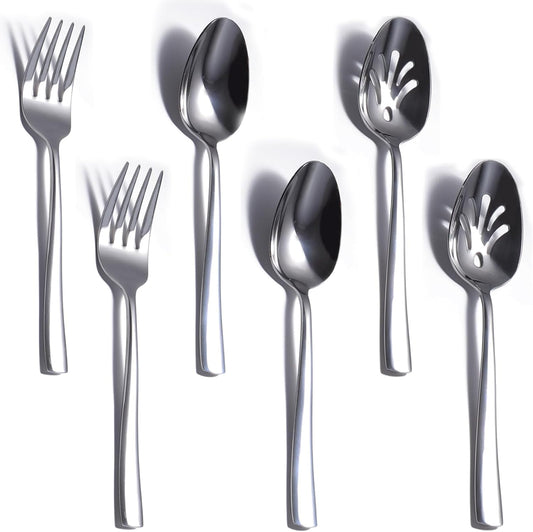 6 Piece Serving Utensils Set, Includes Serving Spoons x 2, Slotted Spoons x 2, Serving Forks x 2, Large Cutlery for Catering Buffet, Mirror Polished, Dishwasher Safe, 9 Inches