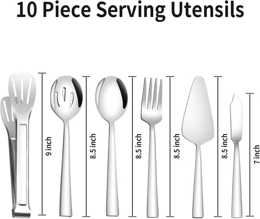 Stainless Steel Serving Utensils, Amafox 10-Piece Serving Silverware Utensils Set Include Spoons, Slotted Spoons, Forks, Appetizer Tongs,Cake Server,Butter Knife, for Party, Daily Use(Silver)